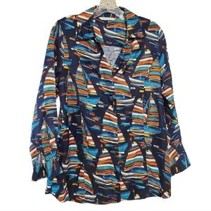 Soft Surroundings | Women's Sail Away Navy Blue Sailboat Blouse (Petite Small)